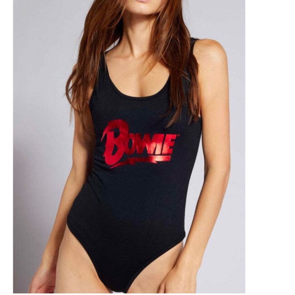 NEW Recycled Karma David Bowie Lightening Bolt Graphic Bodysuit Black Womens XS